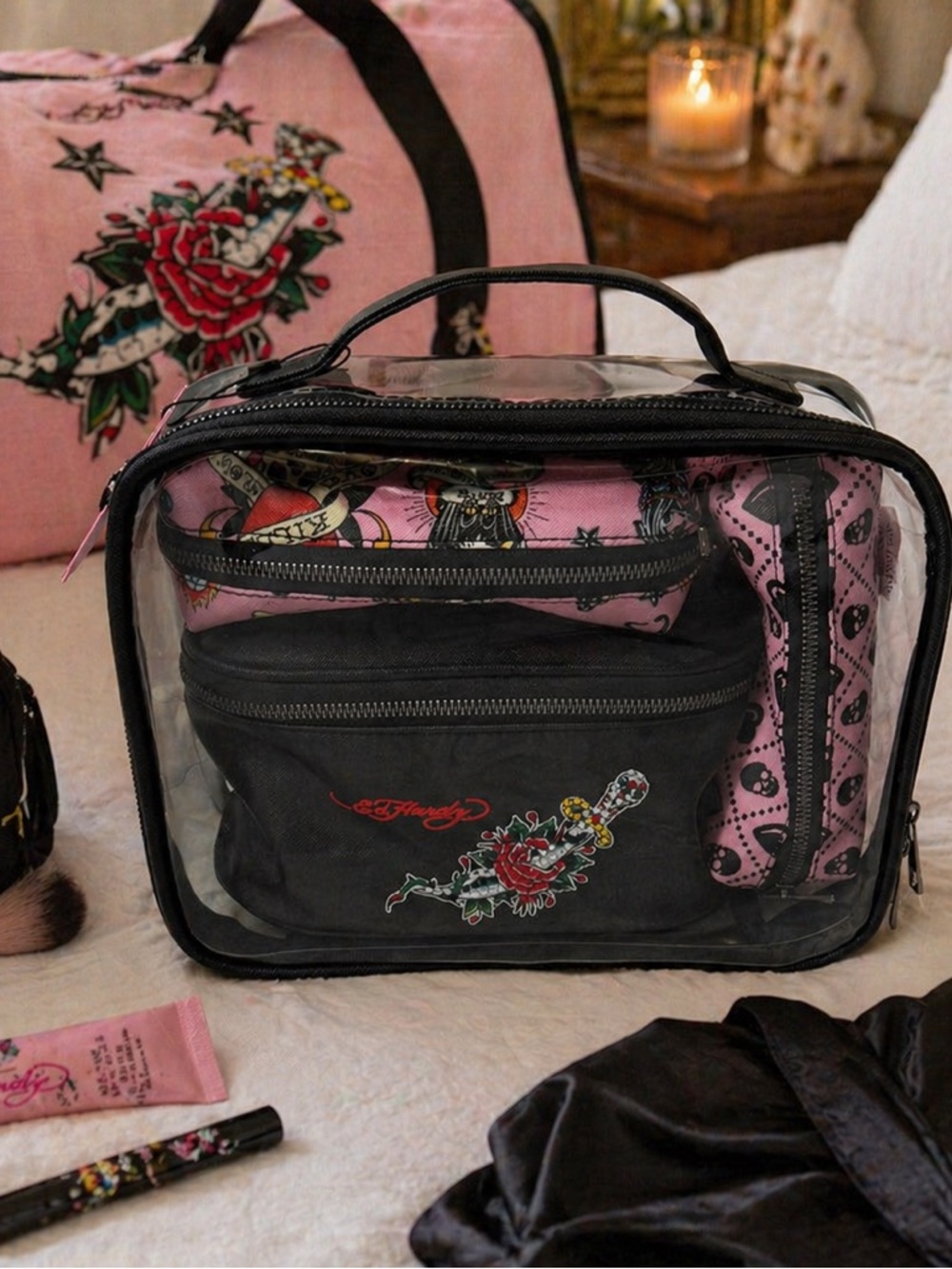 NWT Ed Hardy 4PC Travel Cosmetic Case Set Pink Skull Y2K